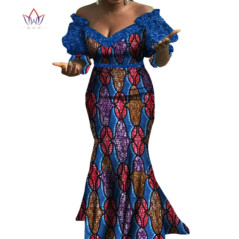 African Dresses For Women Bazin Riche Style Femme African Clothes Graceful Lady Print Wax Plus Size Party Mermaid Dress WY8103