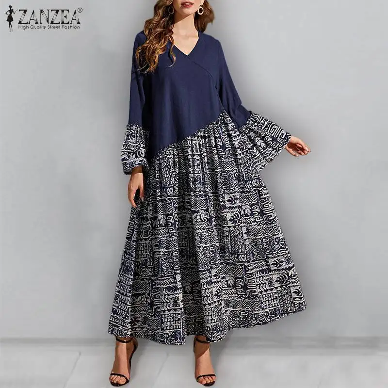 

2021 Autumn Casual V Neck Vestido Female Vintage Cotton Dresses Womens Patchwork Long Maxi Dress ZANZEA Print Flare Sleeve Robe