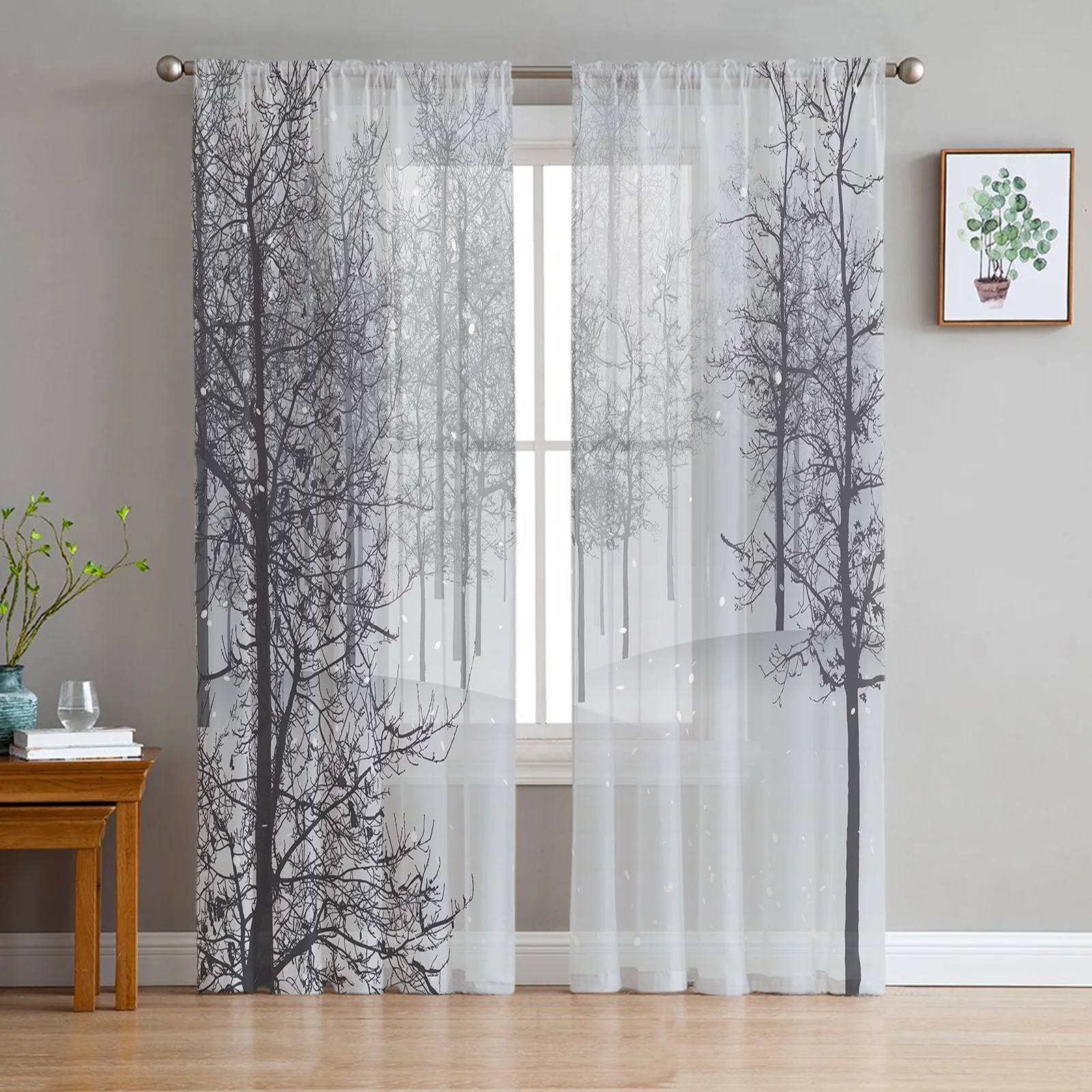 

Winter Trees Snow Scenery Tulle Curtains for Living Room Bedroom Modern Voile Curtain Kitchen Chiffon Sheer Curtains