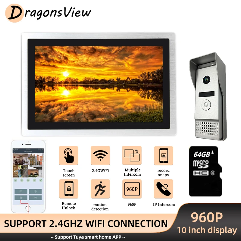 

Видеодомофон DragonsView с Wi-Fi, 10 дюймов, 960P, IP, сенсорный экран, дверной звонок с датчиком движения для дома, офиса, виллы