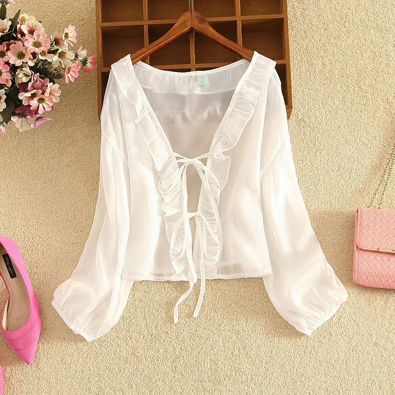 

Лето 2022, женское Оригинальное солнцезащитное пальто в Корейском стиле, Сказочная тонкая маленькая шаль, шифоновый кардиган на бретелях, 15861