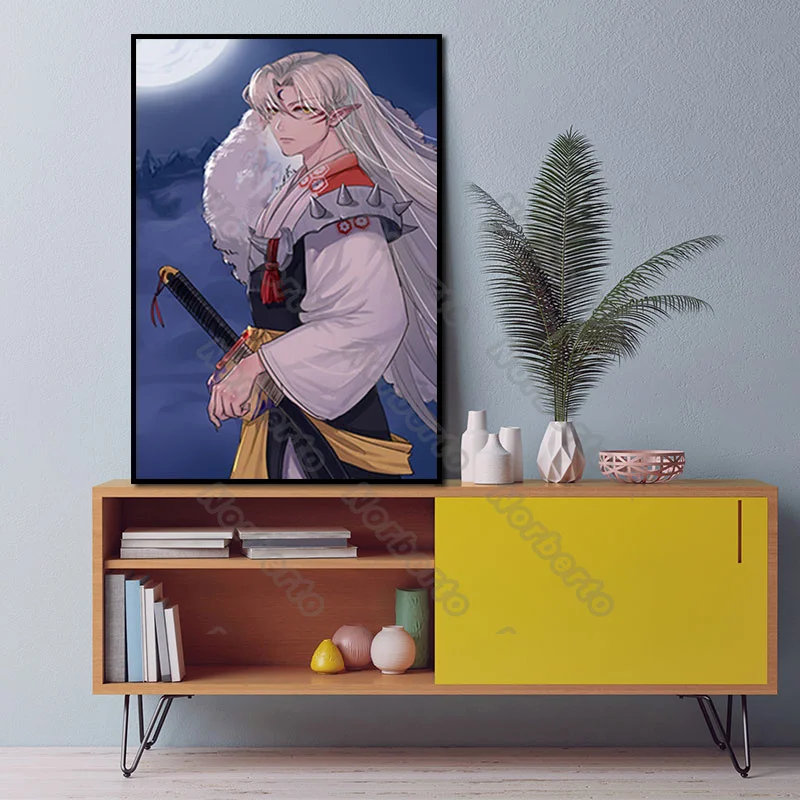 

Janpanese Animation Picture Canvas Painting Wall Poster Handsome Man with White Hair and Sword for Home Room Wall Decoration