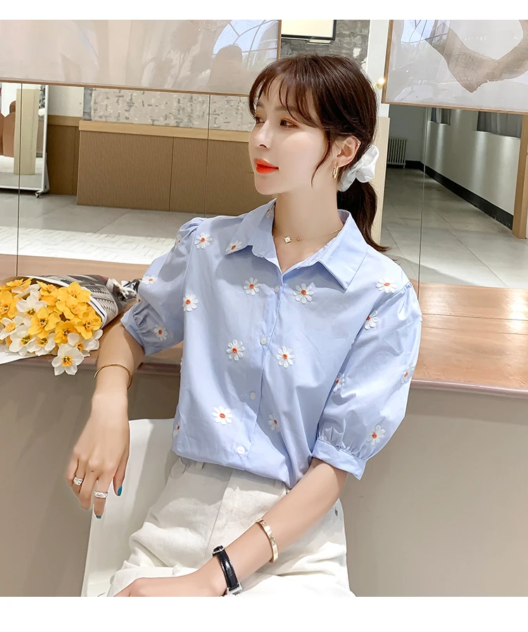 

Chiffon Slim Women's Blouses New Casual Fashion Polo Shirts Flower Print Buttons Short Sleeve Tops Summer Houthion