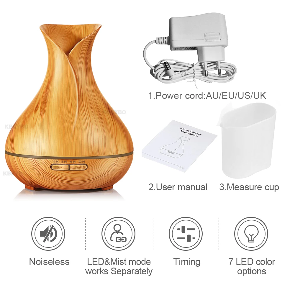 

KBAYBO 400ml Air Humidifier Aroma Essential Oil Diffuser Ultrasonic with Wood Grain electric LED Lights aroma diffuser for home