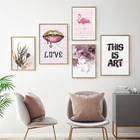Абстрактная Золотая картина с изображением розового фламинго, жидкий блеск для губ, плакат монстера, холст, картина в полоску, Настенная картина, Современный домашний декор