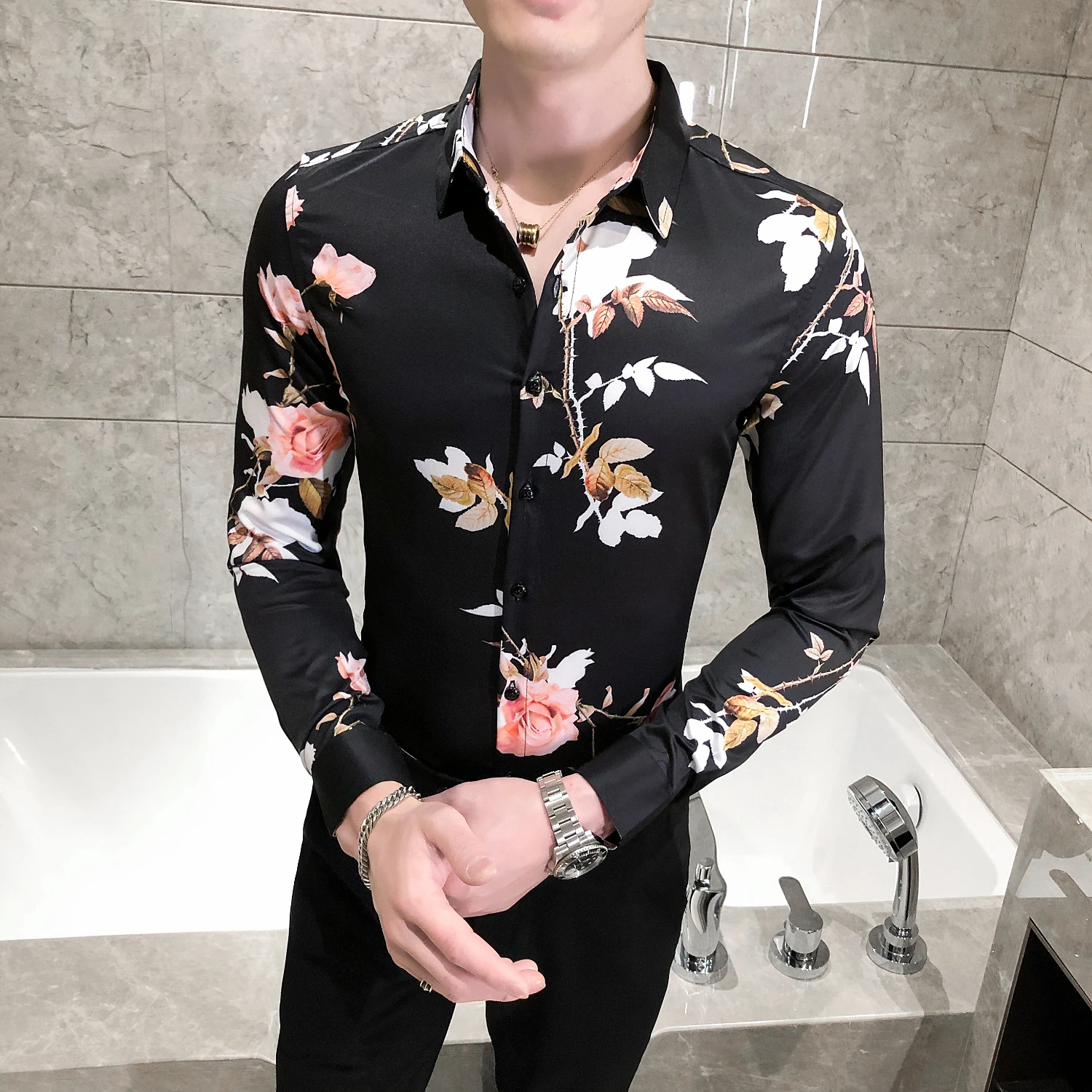 Рубашка мужская с длинным рукавом элегантная блуза цветочным принтом роз