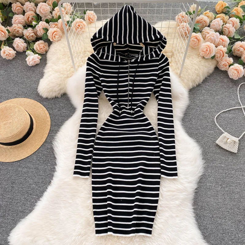 

New Women Casual Hooded Stripe Dress Spring Autumn Long Sleeve Slim Bodycon Dresses Ladies Korean Short Dress Vestidos