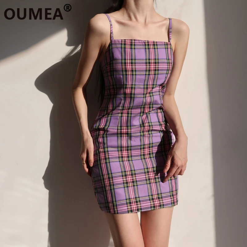 

OUMEA Women Spaghetti Strap Camis Dress Sleeveless Purple Plaid Sexy A Line Dress Summer Going Out Casual Vestido Beach Dress