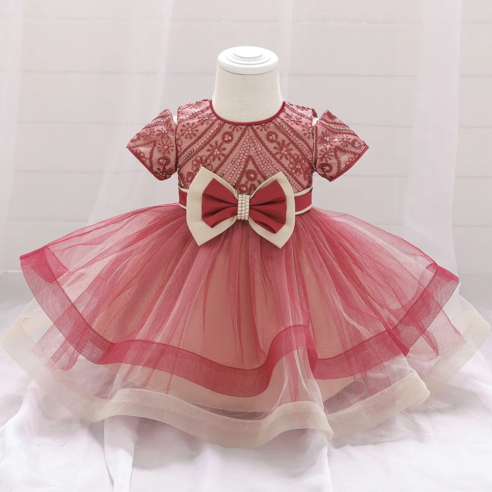 

Red Lace Baby Girl Dresses Baptism Dress Beads Bow 1st Birthday Party Wedding Christening Gown Infant Newborn Pageant Clothing