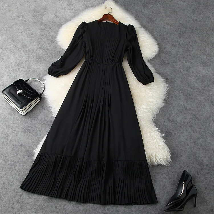 

European and American women's clothing new 2021 spring Long-sleeved round collar Fashion black pleated dress