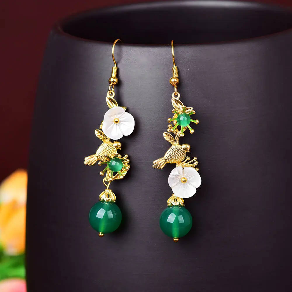 

Luxury Fashion Copper Alloy Earrings Natural Agate Handmade Fine Jewelry Shells Bronze Bird Earrings For Women