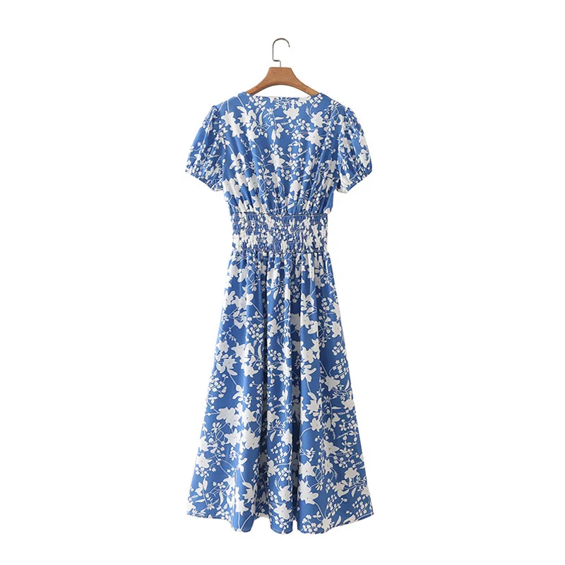 

Long Floral Dress Women 2021 Summer Short Sleeve Blue Boho Dress Print Beach Party Bandage Robe Vintage Blue Maxi Dresses Casual