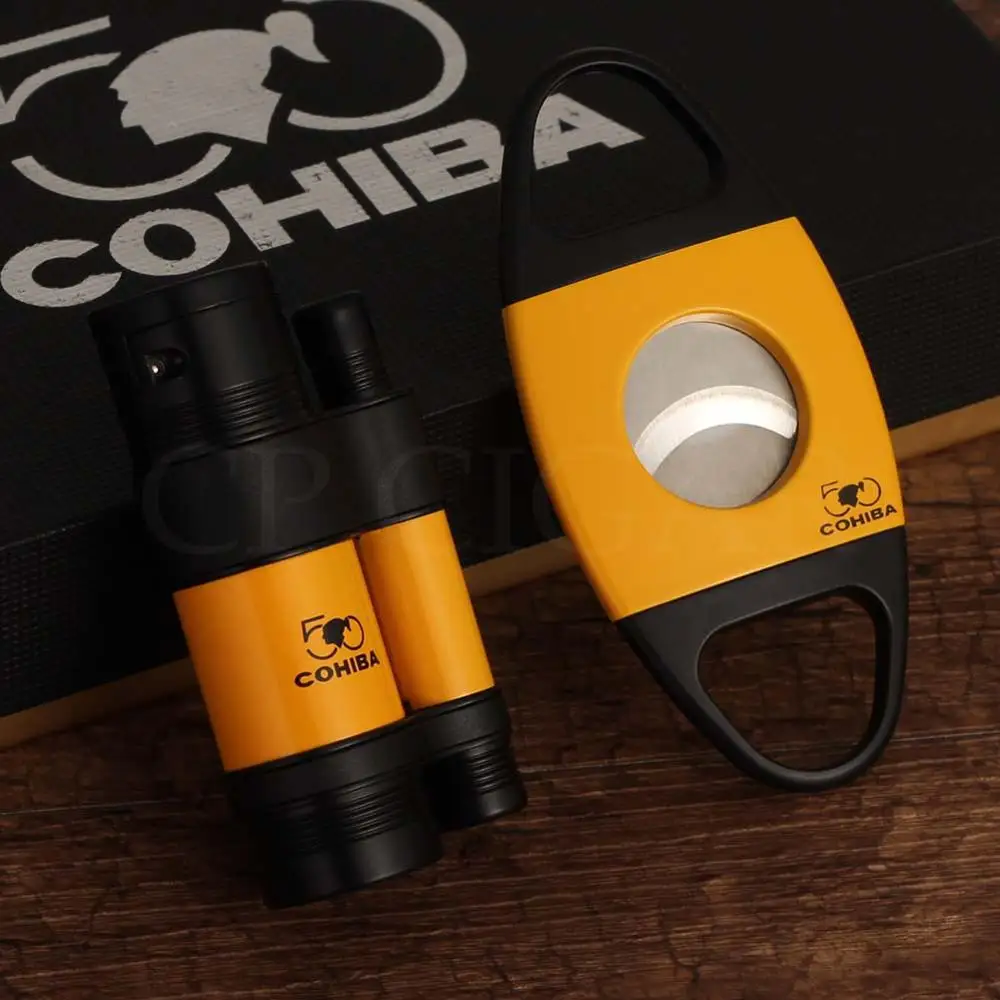 COHIBA сигары резак Зажигалка Набор 3 струйный фонарь газовый металлический