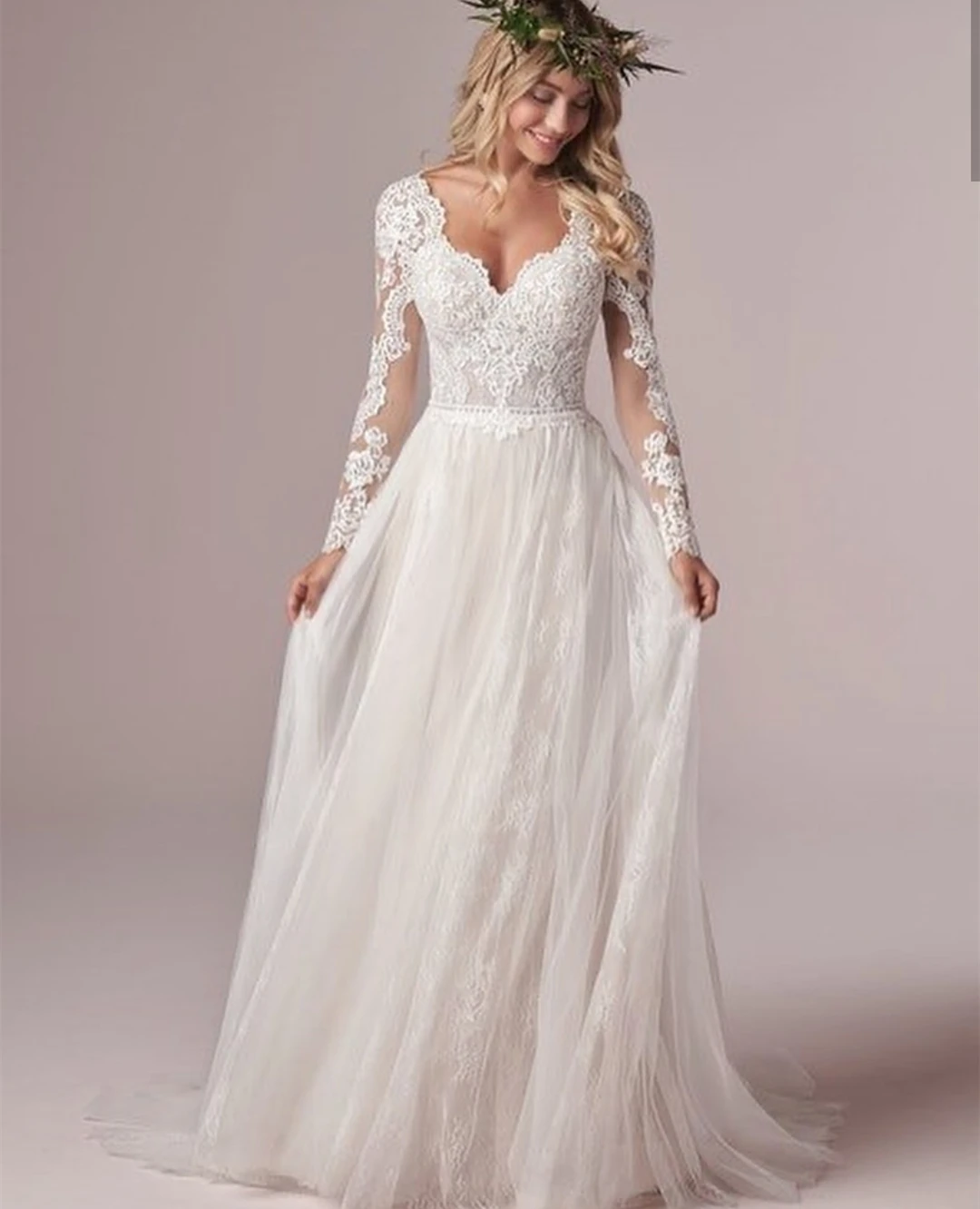 2022 Long Sleeve Wedding Dresses With Corset Low Back Floor length Lace Appliques Bridal Gowns White Tulle V-Neck Robe De Mariée (0)