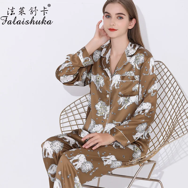 19 momme 100% genuine silk pajamas sets women sleepwear Korean Elegant black fashion lion pure silk womens pyjamas T8255