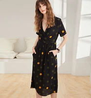 100 silk dress women dot printed high waist design v neck short sleeve casual dress summer new fashion