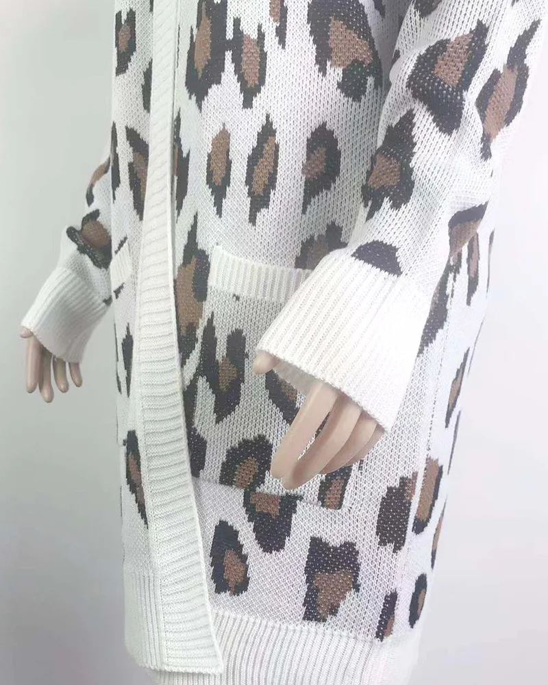 

European Style Long Sweater Leopard Cardigan Woman Coat Sweater Autumn Winter Long Sleeve