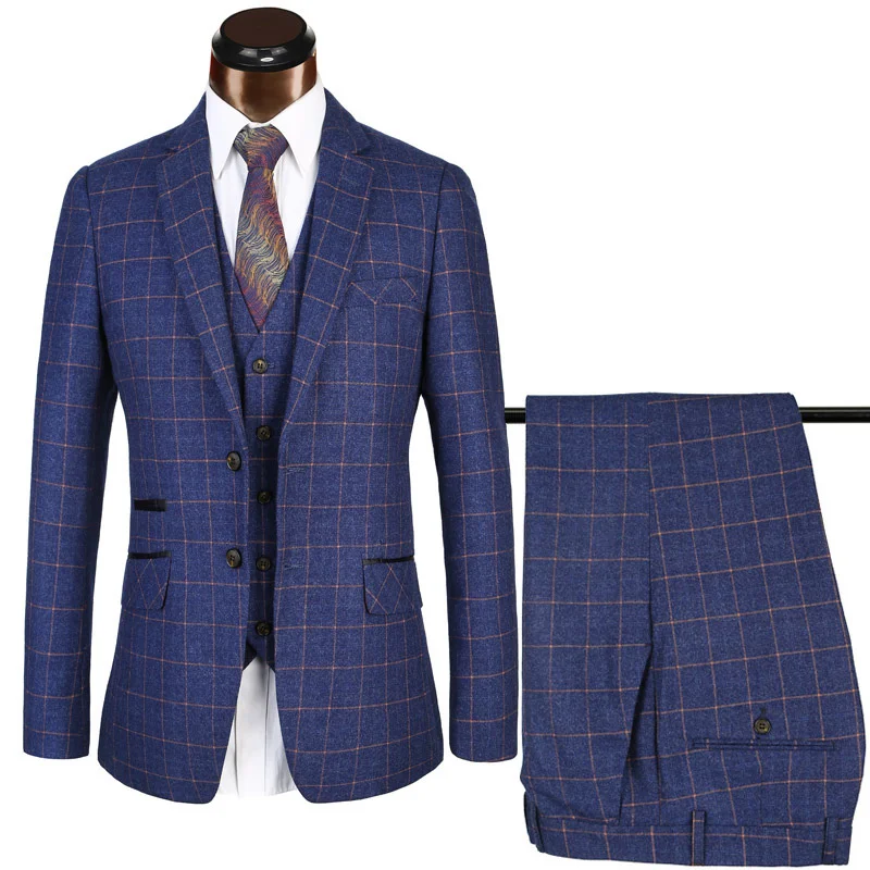 

Индивидуальный мужской деловой костюм из 3-х предметов для мужчин, модный синий свадебный костюм жениха в клетку (пиджак + жилет + брюки)