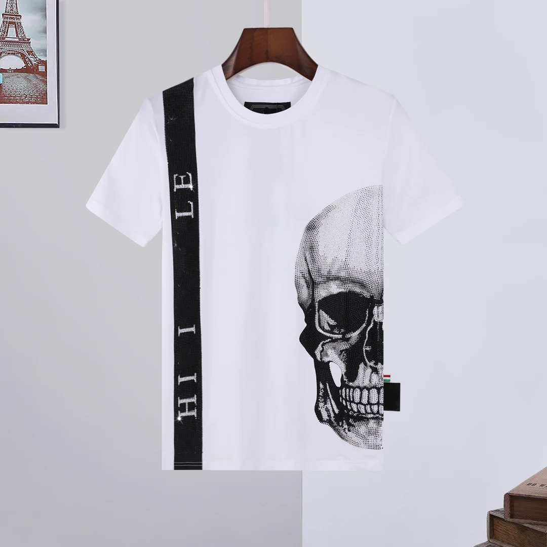 

2021 Men T-shirt Skull Short Sleeve 3D Printing Pure Cotton Round Neck Plein T-shirt Men's Fashion Street Sports High-quality