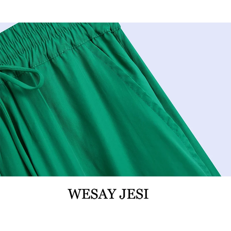 

WESAY JESI 2021 Fashion Summer Pants For Women Green High-Waist Pants Drawstring Elastic Waist Casual Loose Wide Leg Trousers
