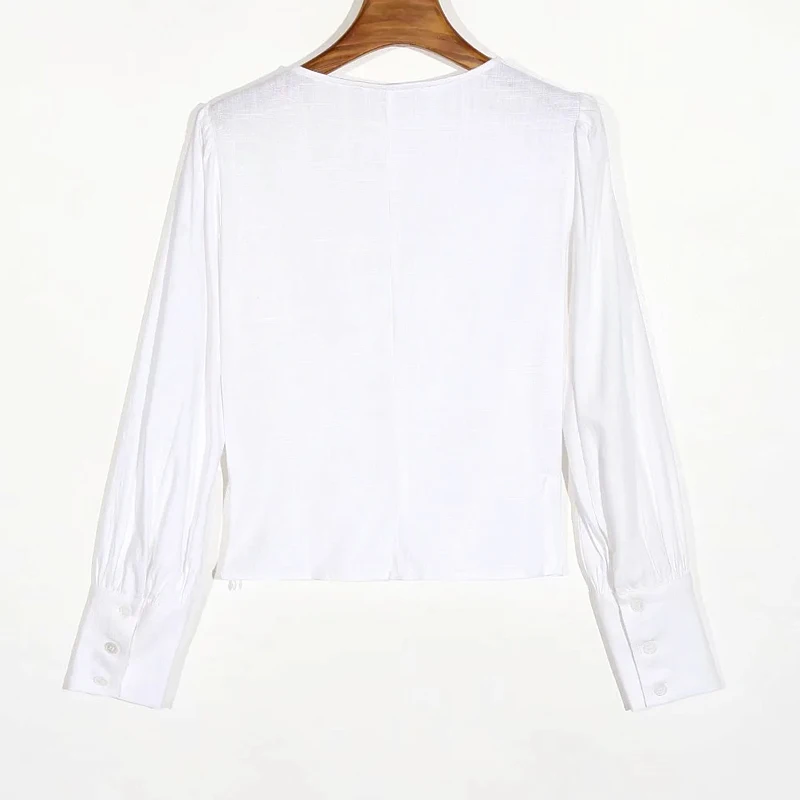 

XNWMNZ ZA foreign trade original invoice retro style linen sexy V-neck bubble sleeve Slim was thin short short-sleeved white top