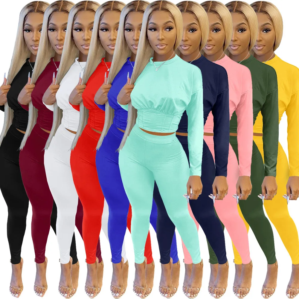 

2022 Women Tracksuit Casual Outfits Elastic Waist 2 Piece Set Women Full Sleeve Top and Pant Sets Sports Suit
