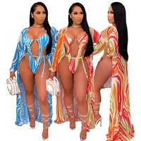 2021 new 2pcsset beachwear sexy women printed thong bandage one piece swimsuit cover ups beachwear
