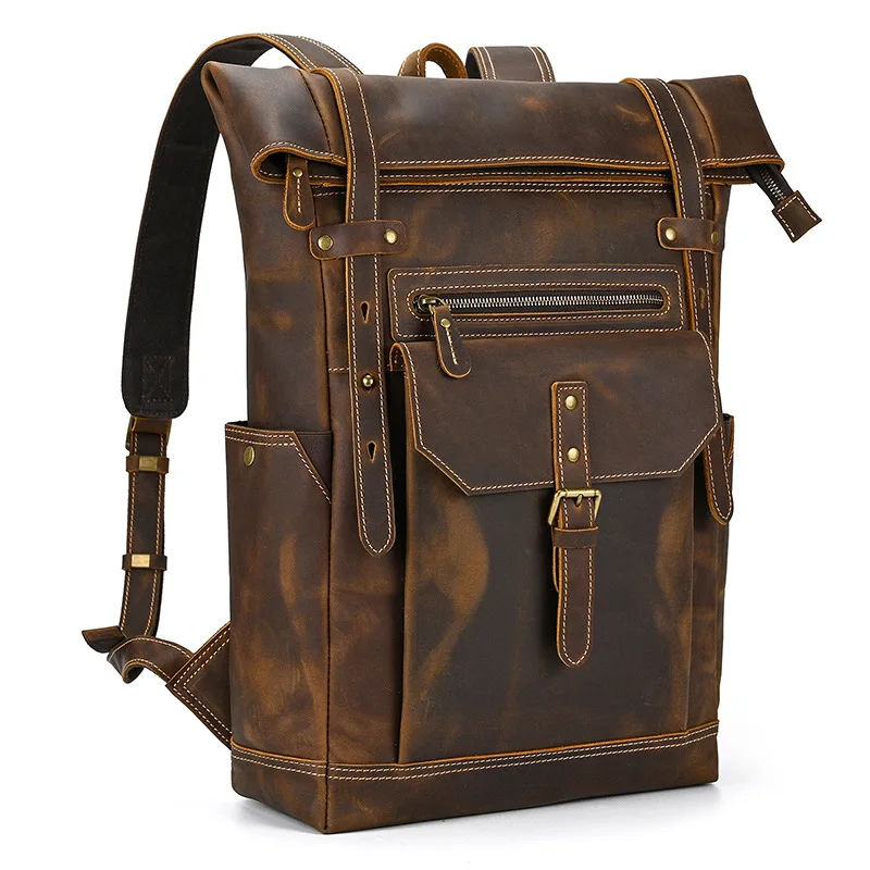 Retro leather men's backpack cowhide student school bag large-capacity natural leather backpack out 16-inch computer bag