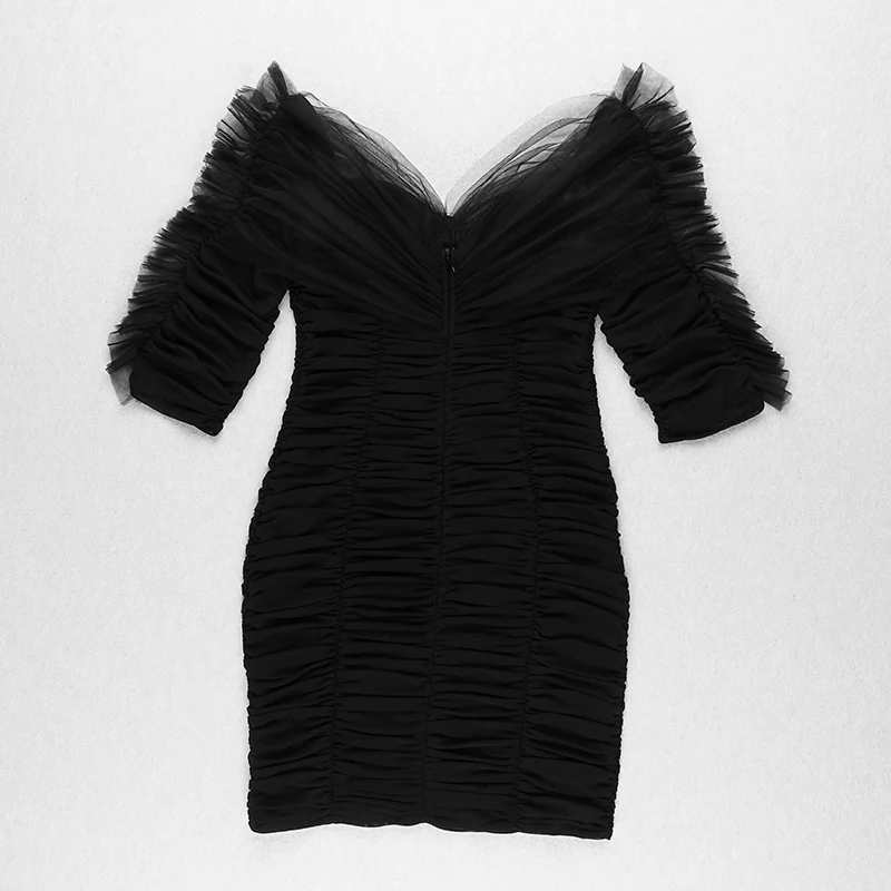 

2021 Winter Women Sexy V Neck Short Sleeve Off Shoulder Black Mesh Bandage Dress Elegant Celebrity Evening Runway Party Dress