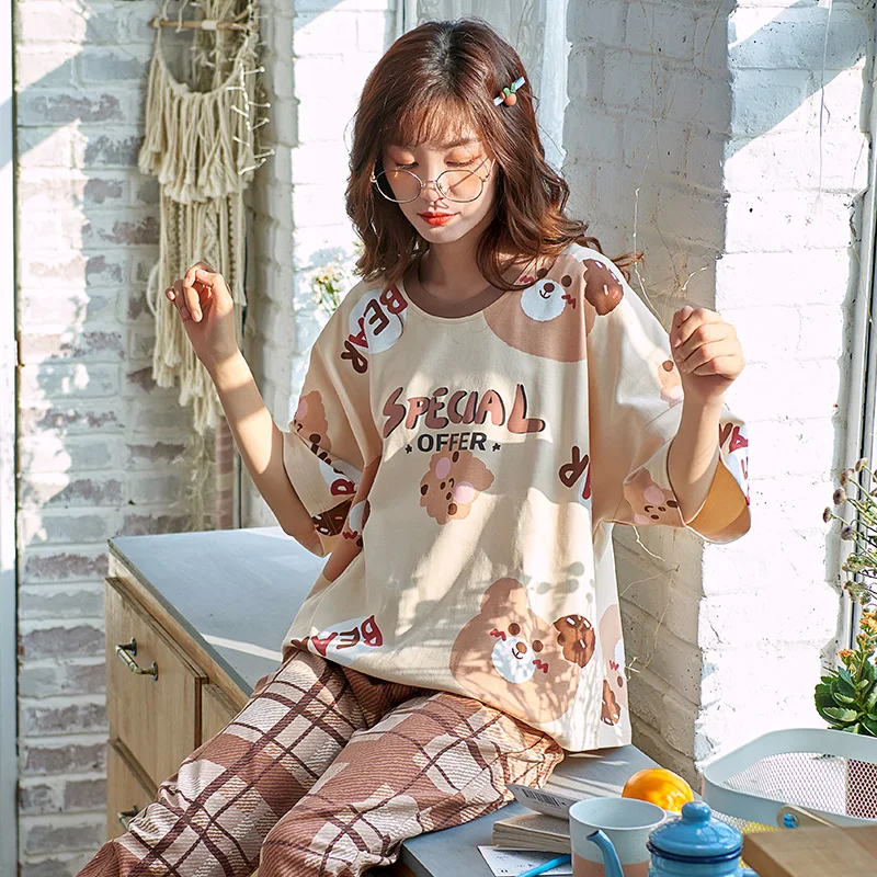 

Summer pajamas set Women Comfortable Cotton short sleeve Tops with Long Trousers Ladies Pj Set Homewear Large Size Sleepwear