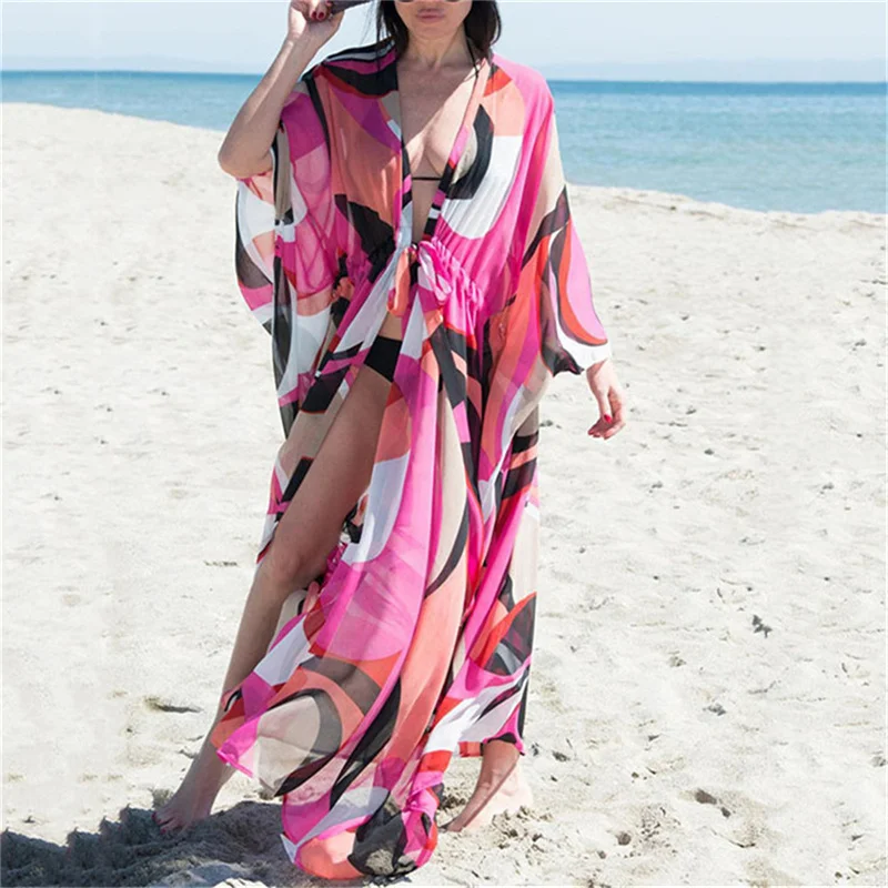 

2021 Summer Bohemian Printed Kaftan Women Beachwear Tunic Beach Cover Up Saida De Praia Swimsuit Bikini Cover-Ups Pareo Sarong