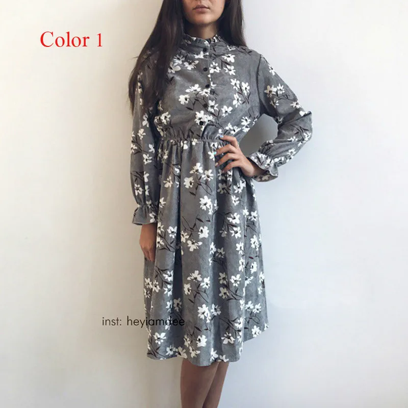 Mozuleva Corduroy High Elastic Waist Vintage Dress A-line Women Quality Flower Plaid Print Dresses Slim Feminino 19 Colors | Женская
