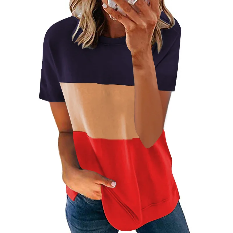 

Шить Цвет контраст с круглым вырезом с короткими рукавами женская футболка 2021 Летняя Повседневная Hipster Lrregular Печать Женская футболка Топ