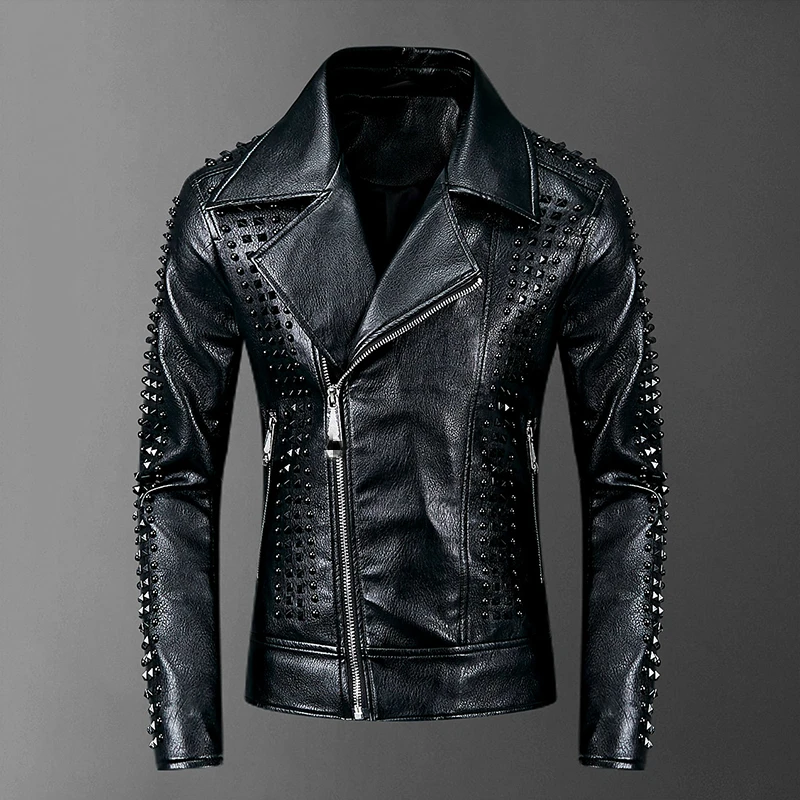 

High Quality Rivet Motorcyle Leather Jacket Men Jaqueta Motoqueiro Chaqueta Cuero 2020 Punk Rock DJ Stage Faux Leather Men Coat