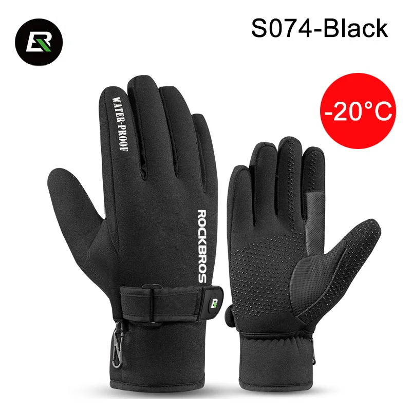 S074-Black ROCKBROS водонепроницаемые ветрозащитные велосипедные лыжные перчатки полный палец Сенсорный экран зимние термальные противоскользящие MTB перчатки для мотоцикла - Цвет: S074-Black