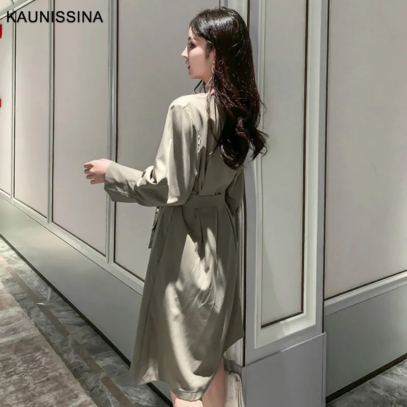 KAUNISSINA, корейское коктейльное платье, двубортное, высокая талия, длинный рукав, v-образный вырез, свободные, а-силуэт, вечерние платья, платья для выпускного вечера