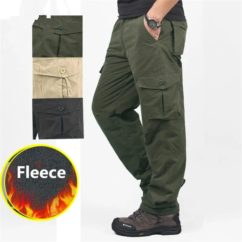 

Men's Fleece Cargo Pants Winter Thick Warm Pants Double Layer Multi Pocket Casual Military Tactical Trousers Pantalon Hombre