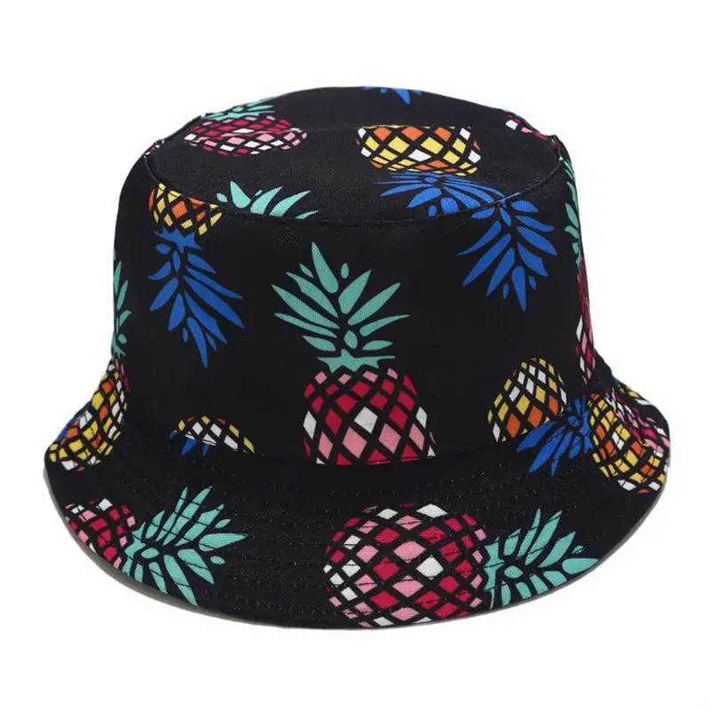 

Unisex Summer Two Sides Wear Reversible Bucket Hat Bohemian Pineapple Watermelon Fruits Printing Foldable Vacation Fisherman Cap