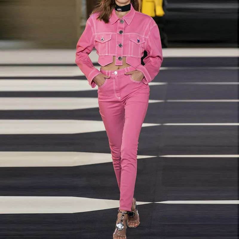 

Runway Fashion Pink Denim Women Jacket 2020 Designers Metal Buttons Short Woman Parkas Streetwear