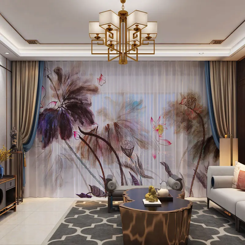 

Занавески для фотографий на заказ, драпированные занавески из прозрачного тюля для гостиной, спальни, с мотивом природного лотоса, в китайс...