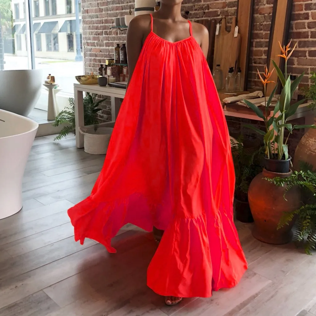 

2021 Summer Dress Women sexy Casual Solid Strap Dress Pocket Loose Backless Big Swing Beach Vestido maxi Dress Plus Size