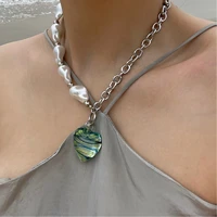 2021 fashion irregular imitation pearl splicing chain necklaces trendy hip hop jewelry clear glass green heart pendant collares