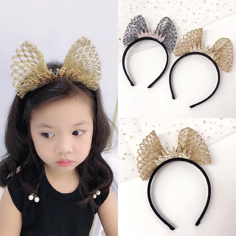 

2021 Girls Gold Wire Bowknot With Crown Headband Princess Hair Band New Style Children Kids Fashion Hair Hoop Hair Accessories