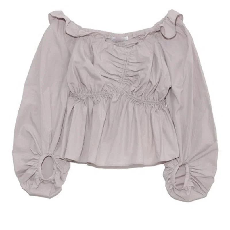 

Chic Sexy Fungus Slash Neck Women Blouse Sweet Butterfly Sleeve Slim Loose Solid Blusas Mujer 2021 New Irregular Femme Shirts