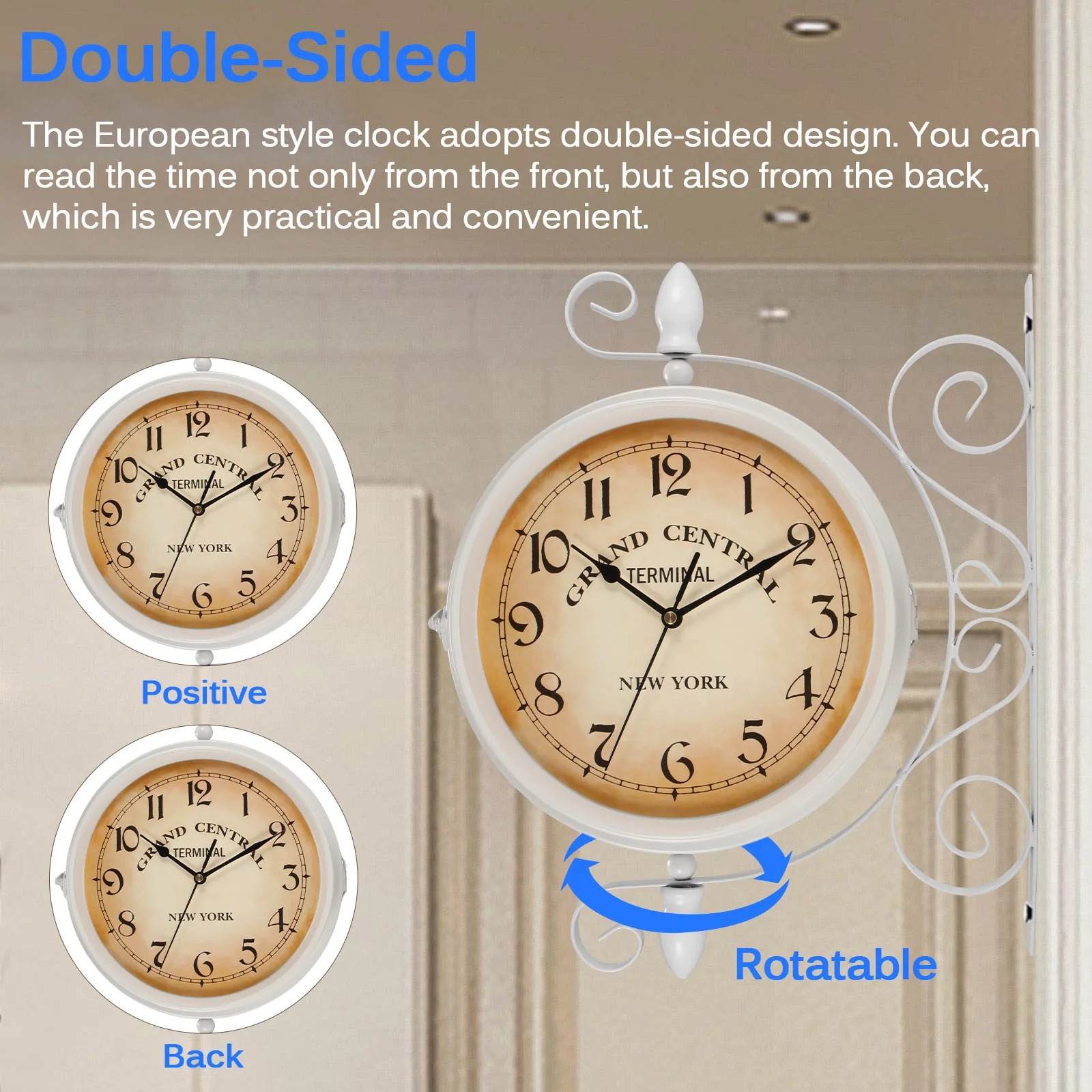 

Retro industrial wind vintage wood Wall clock European style Clock living room large classic golden home Double-Sided clocks
