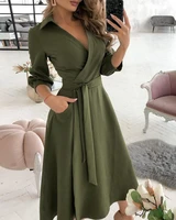 2021 women fashion elegant wrap design plain long sleeve flared dress solid sexy midi with sashes spring female clothing