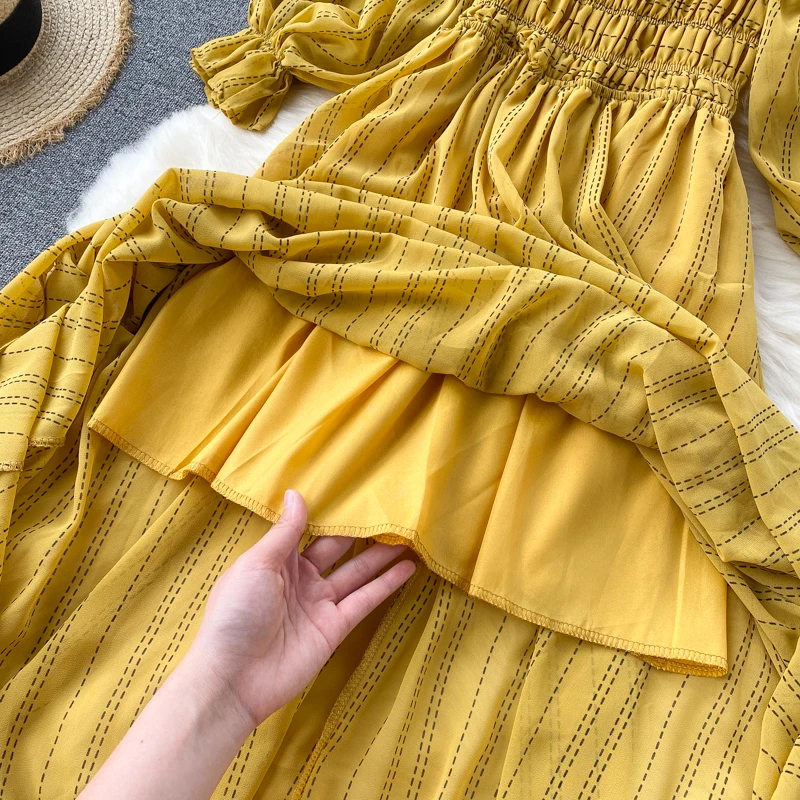 

Beach Vacation Dresses Women Party Ruffle Square Collar Summer Yellow Dress Green Striped Chiffon Long Dress Boho Vestidos Mujer