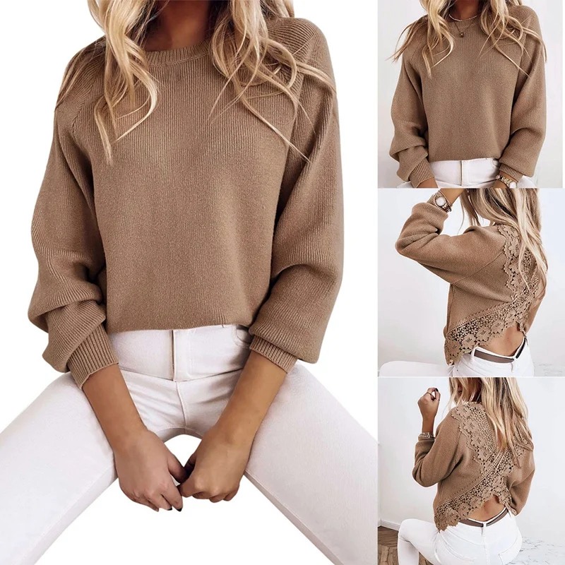 

Women's Fashion Sexy Round Neck Temperament Halter Lace Long Sleeve Top Khaki