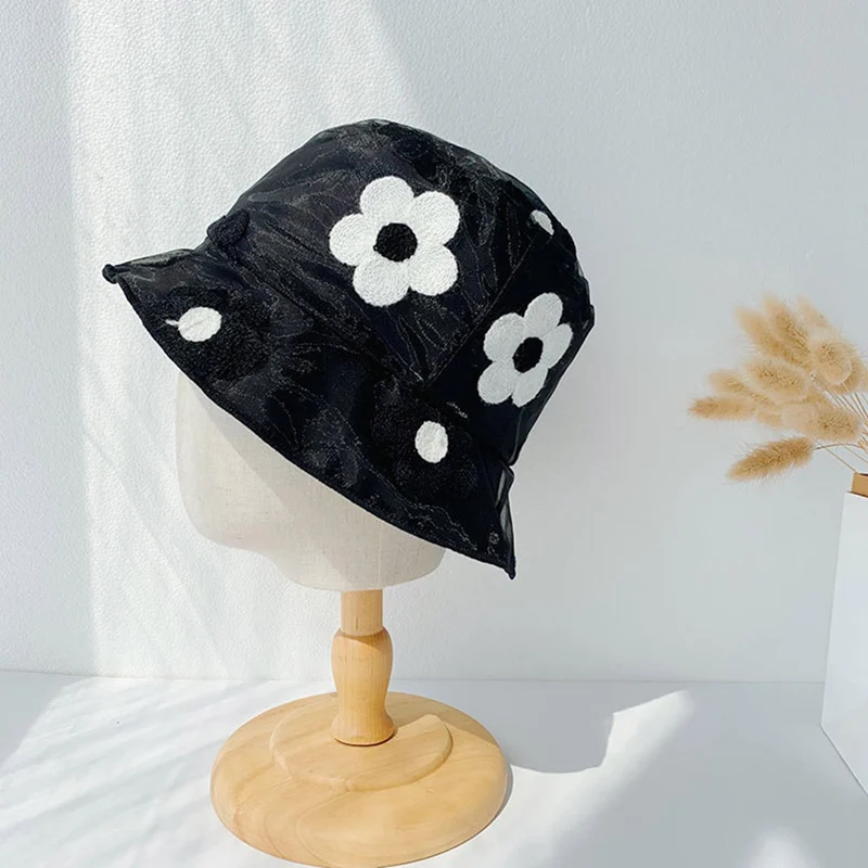 

Women Summer Thin Lace Bucket Hat Sweet Cute Colorful Small Flower Embroidery Travel Sunscreen Adjustable Fisherman Cap