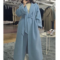 2021 korean winter high end belt loose x long hand sewn double sided wool coat women new loose bathrobe style jacket